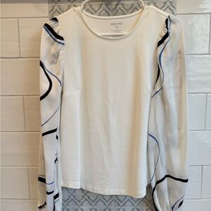 Nine West White Blouse with Blue and Black Accents